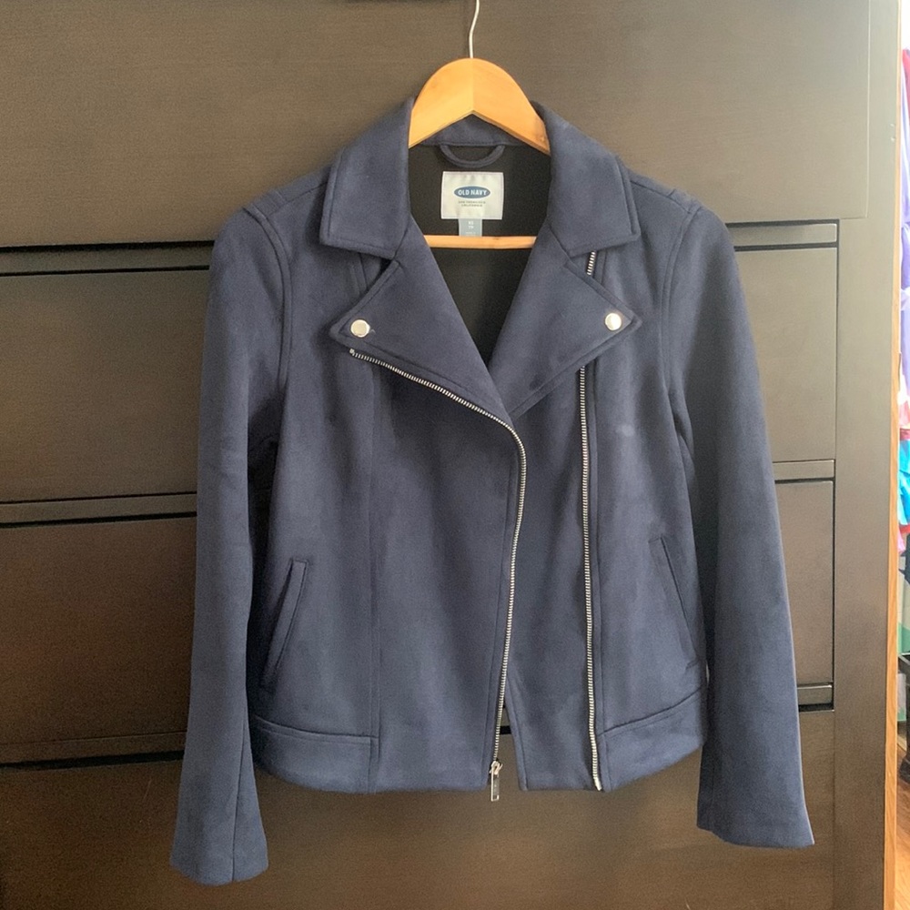 Navy Blue Velvet Moto Jacket